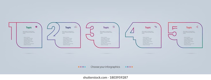 Minimal Modern Minimalist Business Infographics template design of five shapes, five options layout with icons. For presentation, process, diagram, workflow, chart. Vector with colorful buttons.