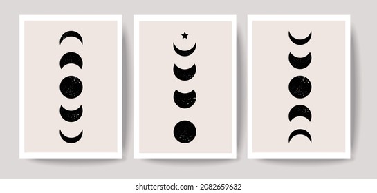 Minimal Modern Moon Phases abstract contemporary aesthetic cards, wall art decoration. Mid-century modern art print or poster, organic shapes, magic concept