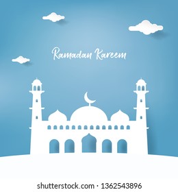 Minimal modern paper cut art Ramadan Kareem greeting post card and template banner design with mosque building, lantern and Arabic window / door pattern,