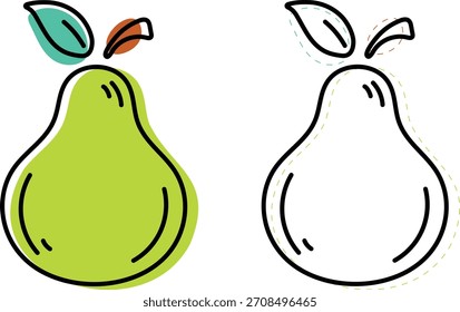 Minimal, modern pear with bold black outline, lime‑green fill, and stylized leaves. Clean EPS10 vector, isolated on white—great for stickers, menus, packaging, patterns, and healthy food branding.