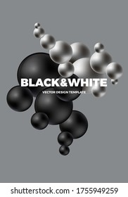 Minimal modernes Poster oder Cover Design Template mit 3D schwarz-weiß Kugeln. Trendy abstrakter Hintergrund. Vektorgrafik. 