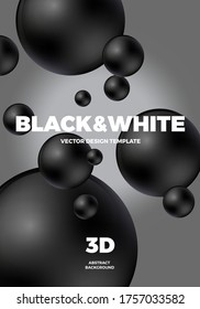 Minimal modern poster or cover design template with 3d black and white balls. Trendy abstract background. Vector illustration. 