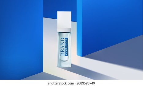 Minimal modern Product cosmetic on blue Abstract background with drop shadow .  Mockup 3D illustration . Realistic vector illustration .