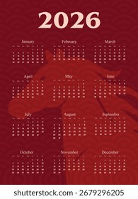 Minimal modern red 2026 calendar with subtle Asian wave elements. Perfect for office, home, and festive New Year decoration.