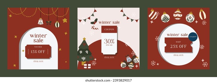 Minimal modern set of winter Christmas sale square banners template in red and green colors. Collection template for social media, banner, poster, flyer, card, prints