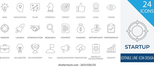 A minimal and modern startup line, icon set representing essential business elements like idea, innovation, planning, success, and vision. Perfect for use in business presentations, pitch decks