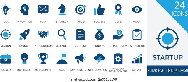 A minimal and modern startup vector, icon set representing essential business elements like idea, innovation, planning, success, and vision. Perfect for use in business presentations, pitch decks, web