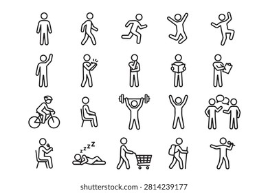 Minimal modern stick figure line icon set representing people in daily activities and poses