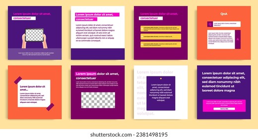 Minimal modern style of social media post banner layout template pack in purple, orange combination background color with simple text box elements. Vector design illustration