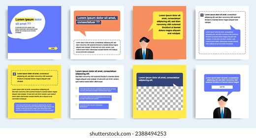 Minimal modern style of social media post banner layout template pack in purple, orange, yellow color combination background with simple bubble chat text elements. Vector design illustration