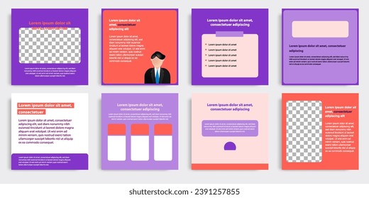 Minimal modern style of social media post banner layout template pack in purple, orange combination background color with simple text box elements. Vector design illustration