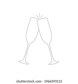 Minimal and modern style, traditional wedding celebration icon in gray and pink. Marriage celebration champagne glasses cling, toast celebration at reception.