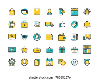 Minimal modern thin icons for online shopping. Trendy flat line icon for e-commerce and shopping. Colored flat line vector illustration