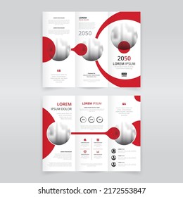 Minimal And Modern Trifold Brochure Template With Red Colored Circles And Circular Forms, Trifold Flyer Layout, Pamphlet, Leaflet