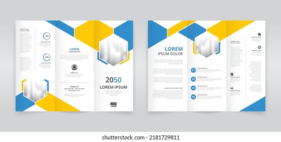 Minimal And Modern Trifold Brochure Template With Blue And Yellow Stripes And Hexagon Shapes, Trifold Flyer Layout, Pamphlet, Leaflet