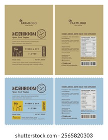 Minimal modern typography organic mushroom supplement Label, Eco-friendly style with clean design for Stand up pouch bag food packaging and health products.