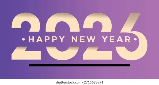 Eine minimalistische und moderne Vektorgrafik mit fetten, ausgeschnittenen 2026er Typografien für Frohes Neues Jahr. Das Design verwendet saubere geometrische Linien und einen weichen violetten Farbverlauf-Hintergrund, perfekt für professionelle Urlaubsgrußkarten und saisonale Firmenbanner.