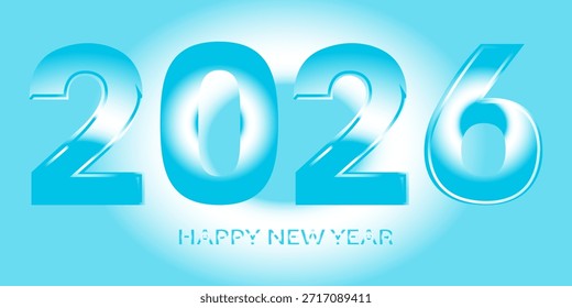 Eine minimalistische und moderne Vektorgrafik mit fett gedruckter 2026er Typografie mit glänzend blauem Finish. Dieses abstrakte geometrische Design verwendet glatte Linien und Farbverlauf-Formen, um ein sauberes Feiertagsbanner zu erstellen.