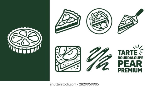 Minimal Monochrome Dark Forest Green French Tarte Bourdaloupe Pear Premium Icon Set featuring flat vector style icons of whole tart, slices, plating, texture, and sauce.