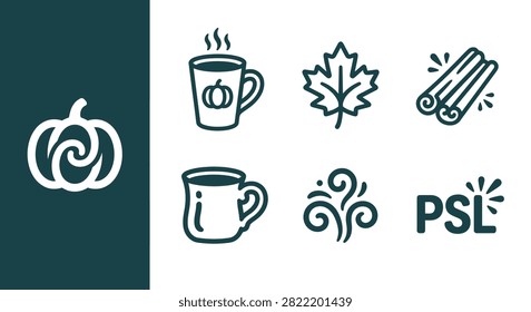 Minimal Monochrome Dark Teal Pumpkin Spice Icon Set Featuring Latte Mug, Autumn Maple Leaf, Cinnamon Sticks, and PSL Text. Flat Vector Graphic on White Background for Fall Seasonal Design.