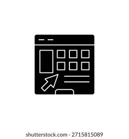 Ícone monocromático mínimo de um layout de página da Web com um cursor indicando a seleção de um bloco de conteúdo em uma interface digital.