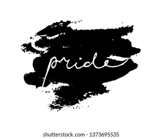 minimal monochrome illustration with hand written Pride word augmented with watercolor light texture.