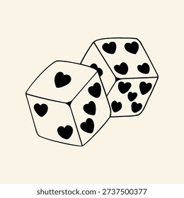 Minimal monochrome illustration of two dice featuring heart symbols instead of dots. Suitable for love, game, romance, and playful design themes.
