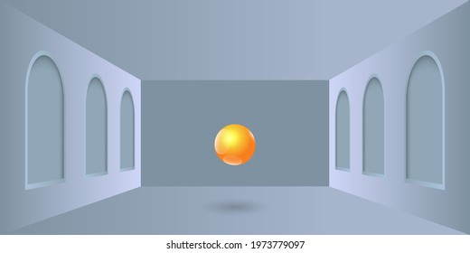 Minimal monochrome scene. Mock up light room as background for exhibitions, presentation of products. Minimal product display background.  Realistic room with winows and golden sphere