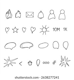 Minimal monochrome vector icon set for social media messaging painted by black inks. Hearts, flames, bells, envelopes and text bubbles line art sketch for UI design, chat interface, communication app.