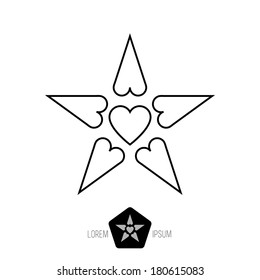 minimal monochrome vintage star made of thin lines hearts on white background. Company logo template.