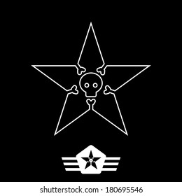 The minimal monochrome vintage star with skull and bones, made of thin lines on black background