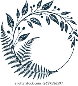 Minimal monoline circular fern border with elegant botanical line style thin strokes clean layout on white background made for stock platforms
