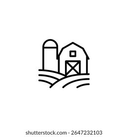 Um ícone monófilo mínimo de uma cena de fazenda com um celeiro e um silo. Símbolo da agricultura e da vida rural. Isolado em um fundo branco.