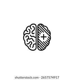 Un icono monolítico mínimo que muestra un cerebro humano simplificado con el hemisferio izquierdo como un laberinto complejo y el derecho con un simple símbolo más.