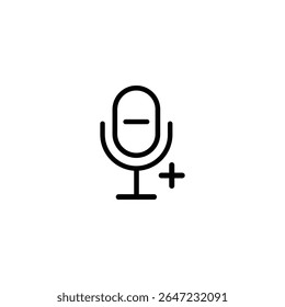 Um microfone monocromático mínimo com um pequeno símbolo de adição, representando a adição de uma nova gravação ou o aumento da entrada de áudio.