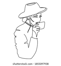 Minimal monoline portrait.  A beautiful lady drinks coffee. Trendy continuous line illustration. Ideal poster for fashionable cafe interior. 