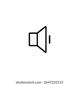 A minimal monoline speaker symbol with no sound waves, representing minimum or zero volume, just before mute.
