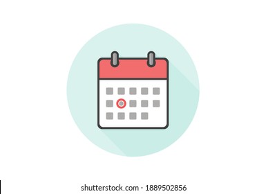Minimal Monthly Calendar icon with Red color circle on a light blue circle background. Simple and stylish Vector flat design illustration with long shadow. 