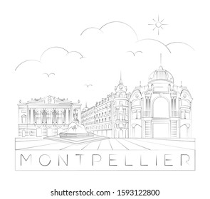 Minimal Montpellier skyline linear vector illustration and typography design, France