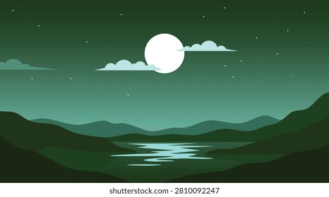 Minimal Moonlit Mountain Lake Landscape Background at Night
