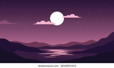 Minimal Moonlit Mountain Lake Landscape Background with Pink Clouds