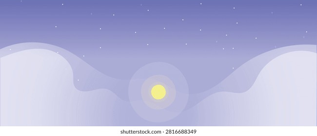 Minimal Moonlit Mountain Valley Landscape with Glowing Moon and Starry Night Sky in Soft Purple Flat Vector Illustration