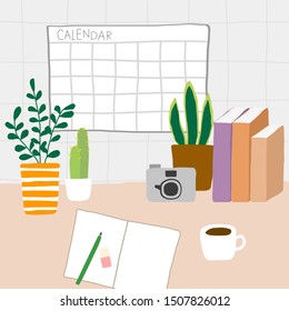 Minimal morning workspace with notebook camera houseplant and coffee