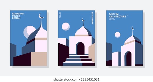 Minimal mosque architecture poster set collection. Vector Illustration Geometric style colorful Islamic Ramadan Kareem banner, poster design.