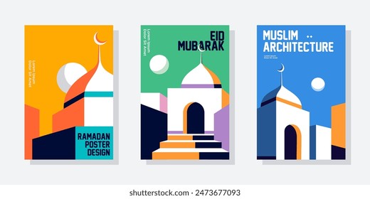 Conjunto de póster de arquitectura de mezquita mínima colección. Ilustración vectorial Estilo geométrico colorido Anuncio islámico de Ramadán Kareem, diseño de póster.