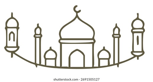 Eine minimale Moschee Linie Kunst mit Laternen für Radan Feier