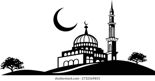Mesquita mínima na colina com lua crescente Ramadã Silhueta