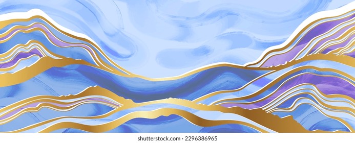 Minimal mountain abstract background, vector watercolor texture landscape, painting water wave. Simple rural nature scene, geometric oriental Japan blue hills golden line. Minimal landscape design