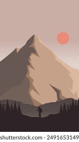 Minimalbergplakat mit Wanderer und Sonne, Vektorillustration Design