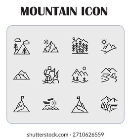 Minimal mountain icon vector illustration representing nature, adventure, outdoor travel, hiking, and landscape design elements.